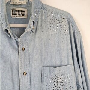 Vtg Christine Alexander L Blue Denim Shirt Button Rhinestone Star Y2K Americana